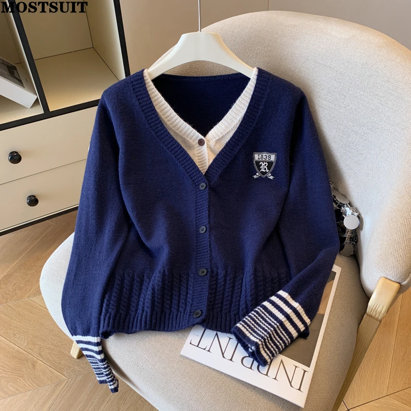 

Fake 2 Pieces Knit Sweater Pullover Women 2026 Spring Long Sleeve V-neck Tops Stylish Chic Fashion Vintage Ladies Jumpers