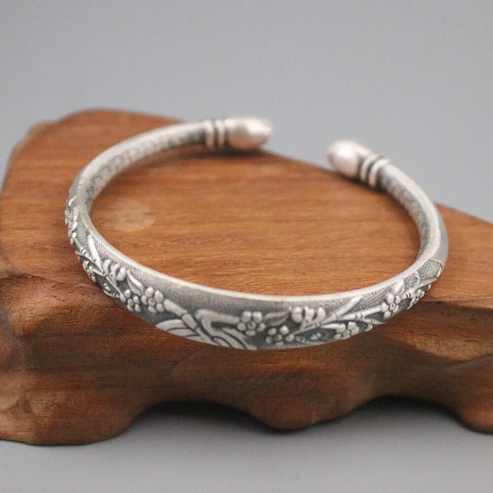 

Real 999 Fine Silver Bangle Plum Blossom Pattern Cuff 2.36inch Inner Diameter