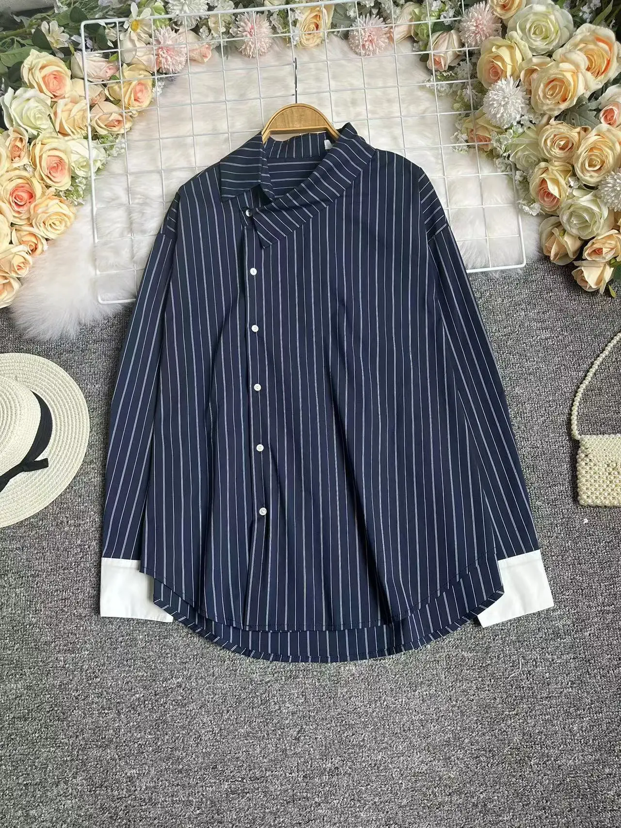 

Women's Striped Shirt Long Sleeve Collar Irregular Design Retro Style Korean Fashion Commute Wind Button up Casual Top