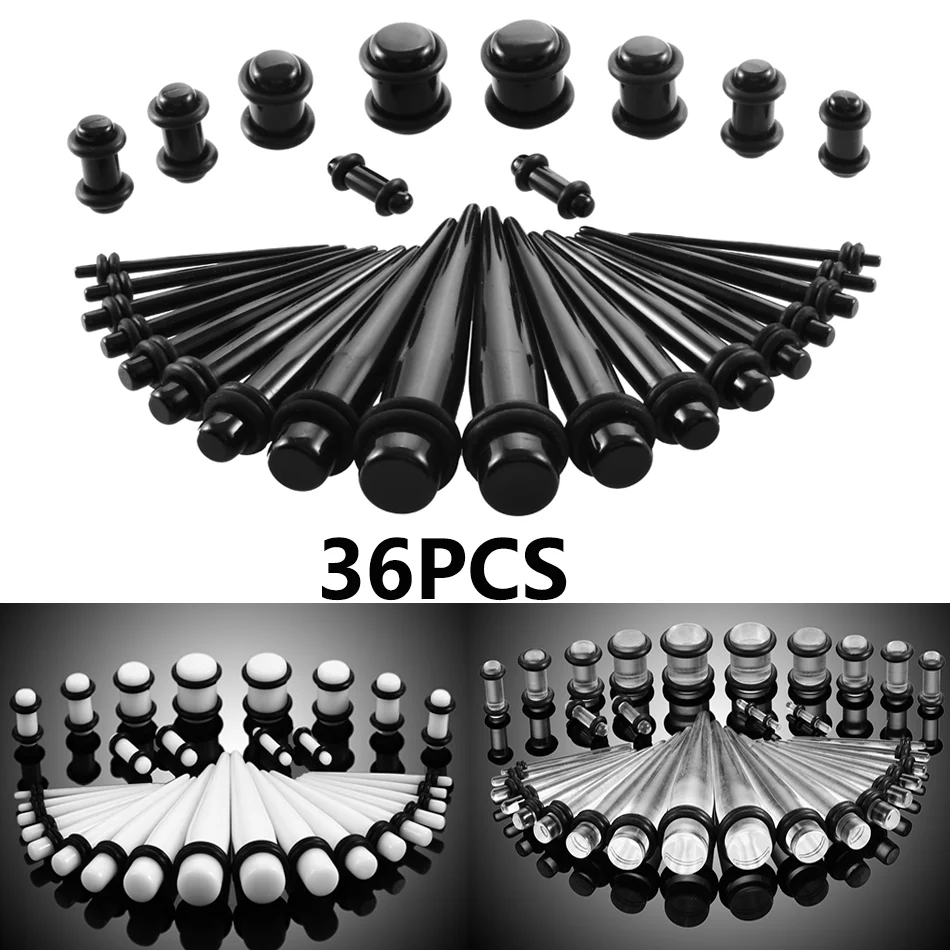 36Pcs/lot 1.6-10mm Full Size Acrylic Ear Tapers Plugs and Tunnels Ear Gauges Stretching Kits Ear Dilations Piercing Body Jewelry