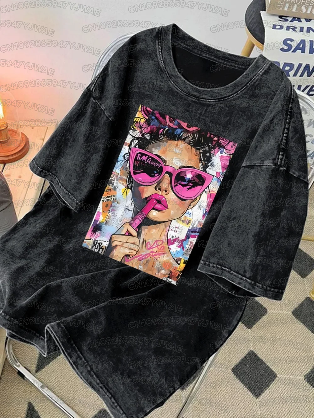 Women's Men's Vintage Washed Distressed Style Short Sleeve T-Shirt Pop Queen Neon Art Character Print Plus Size T-shirt Tops