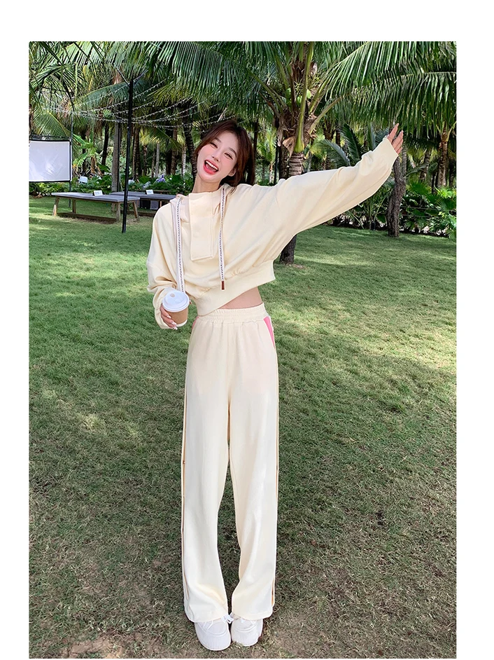 

Chic Short Hoodie Sweatshirt And Wide Leg Pants Two Piece Set for Women Autumn Sporty Casual Style Cotton Polyester Blend