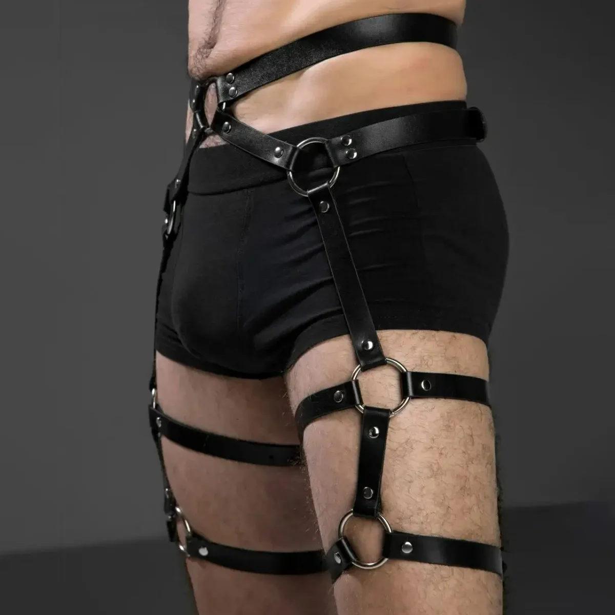 Sexy Men\'s Body Leg Harness Belts Pu Leather Adjustable Punk Style Belt Male Bondage Gay Party Fetish Costume Exotic Accessorie