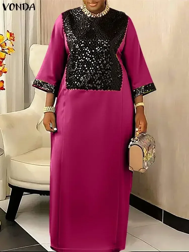 Mulheres plus size vestido vonda boêmio festa vestidos longos lantejoulas emenda maxi vestidos senhoras moda 3/4 manga cetim robe 5xl