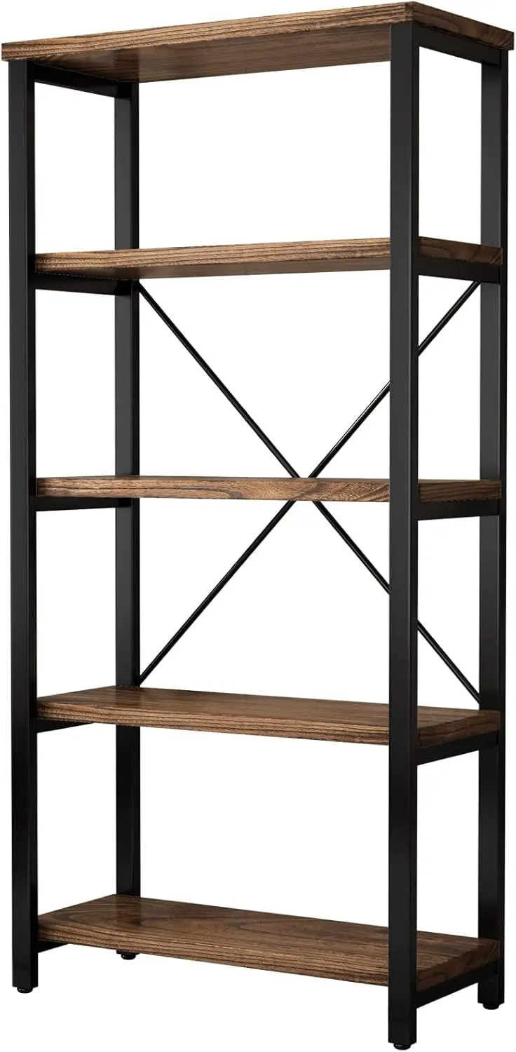 5 Tier Industrial Solid Wood Bookshelf, Open Etagere Bookcase with Metal Frame, Vintage Industrial