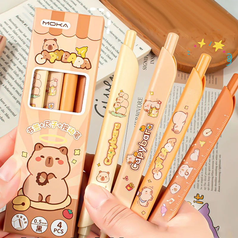 カピバラプレスジェルペン、かわいい漫画、カワイイ、クリエイティブ、定規、ニュートラルペン、学生文房具、事務用品、4個