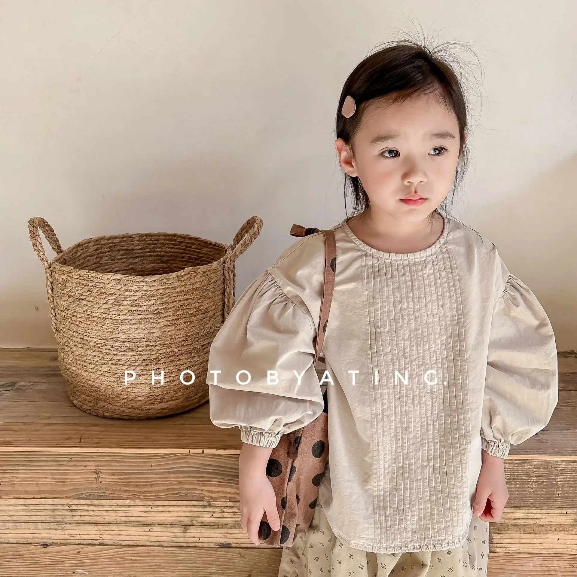 Kids Blouses 2024 Autumn Childrens Clothing New Collection Girls Autumn Clothing Korean Hemp Cotton Bubble Sleeve Shirt