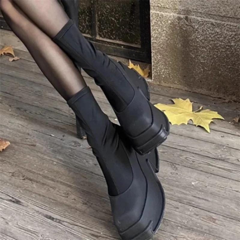 

Black Punk Style Sock Boots for Women 2024 New Style Square Toe Thick Sole Height Increasing Elastic Sleeve Short Boots Shoes