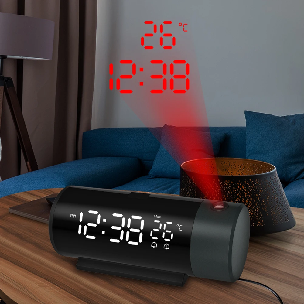 Projection Alarm Clock Digital Clock Thermometer with 180° Rotatable Projector Brightness Dimmer USB Out 5-60min Snooze 12/24H