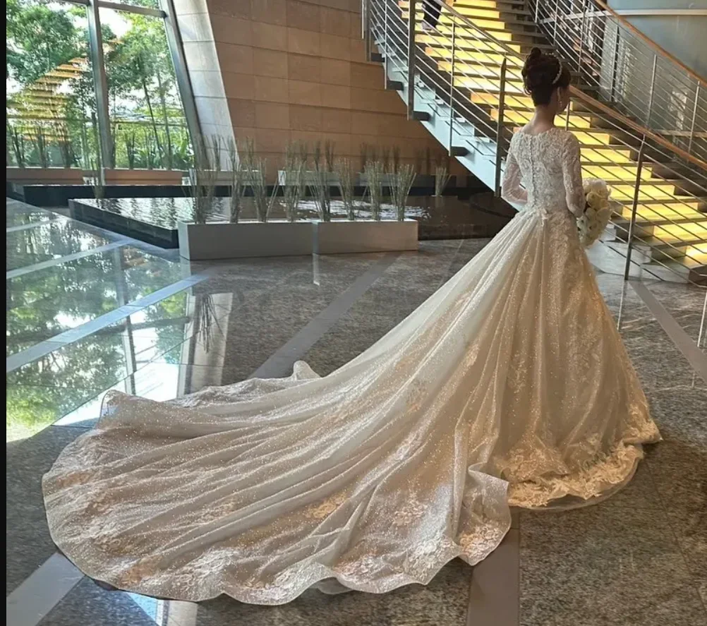 luxury Sparkling Tulle lace Decal Church Detachable Train Skirt for Wedding bridal accessories custom size