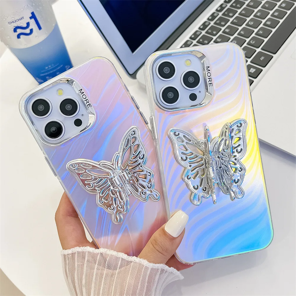 

Luxury Laser dazzling Butterfly stand Phone Case For iPhone 13 14 15 16 Pro Max 16 Plus Fashion Hard Shockproof Bumper Cover