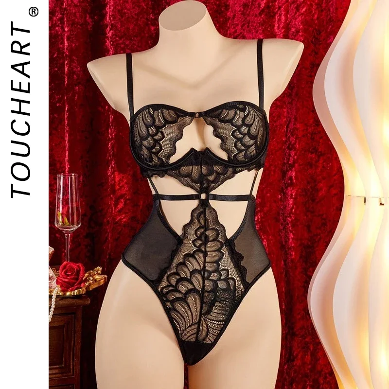 

Toucheart Sexy Lace Lingerie Jumpsuit for Women Mesh Hollow Out See-through Underwear Set Exotic Sexy Underwear 2-piece Set New