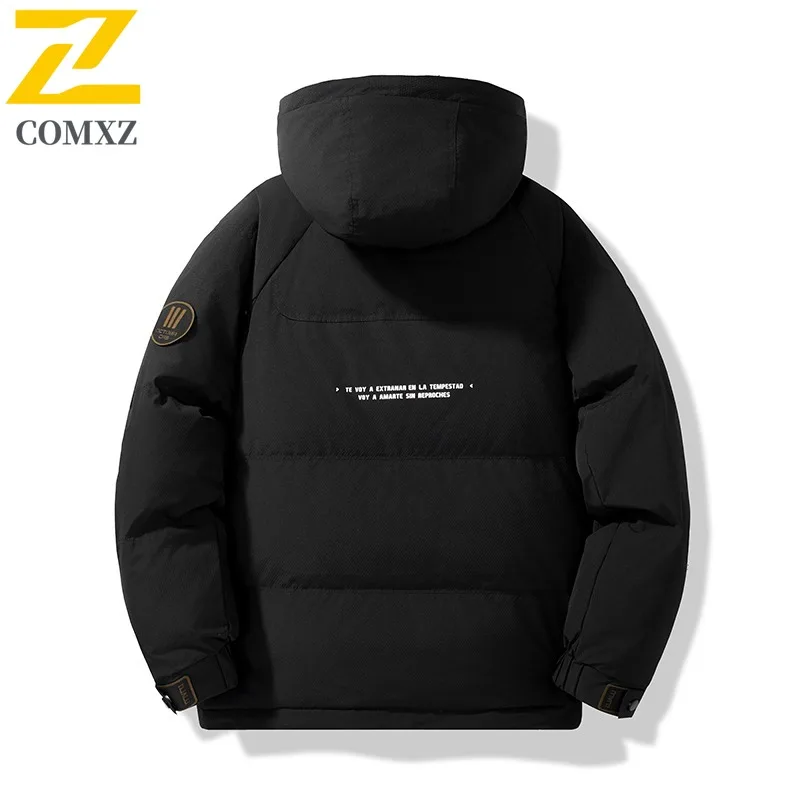 سترة COMXZ للرجال عالية الجودة بغطاء للرأس للمغامرة الخارجية مقاومة للرياح سترة دافئة بلون سادة للمشي لمسافات طويلة معطف شتوي خفيف الوزن