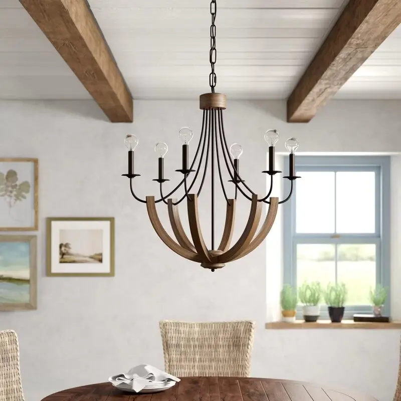 American country woodwork chandelier 6 lights, wood chip lamp living room dining room art lamp simple bedroom room lamp retro