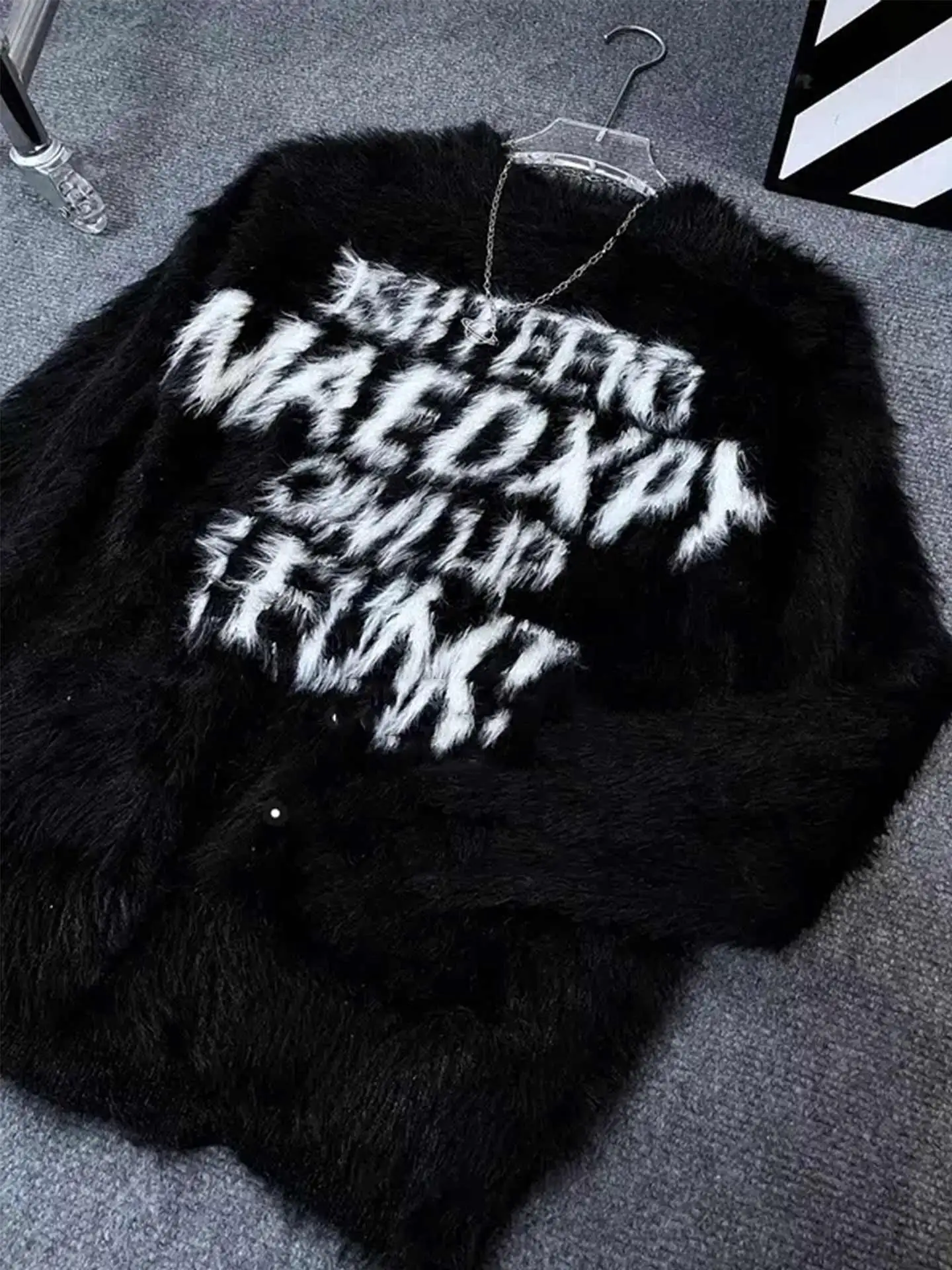 

Американский утепленный мягкий свитшот из искусственного меха с круглым вырезом и надписью, осенне-зимний теплый вязаный топ для мужчин и женщин