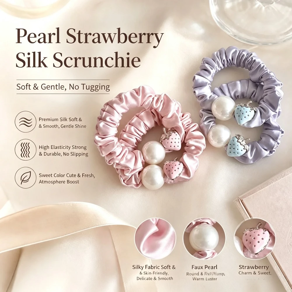 Satin Strawberry Pearl Small Ponytail Holders, High Elasticity Hair Ties for Women, Sweet Fashion Accessories Daily Styling