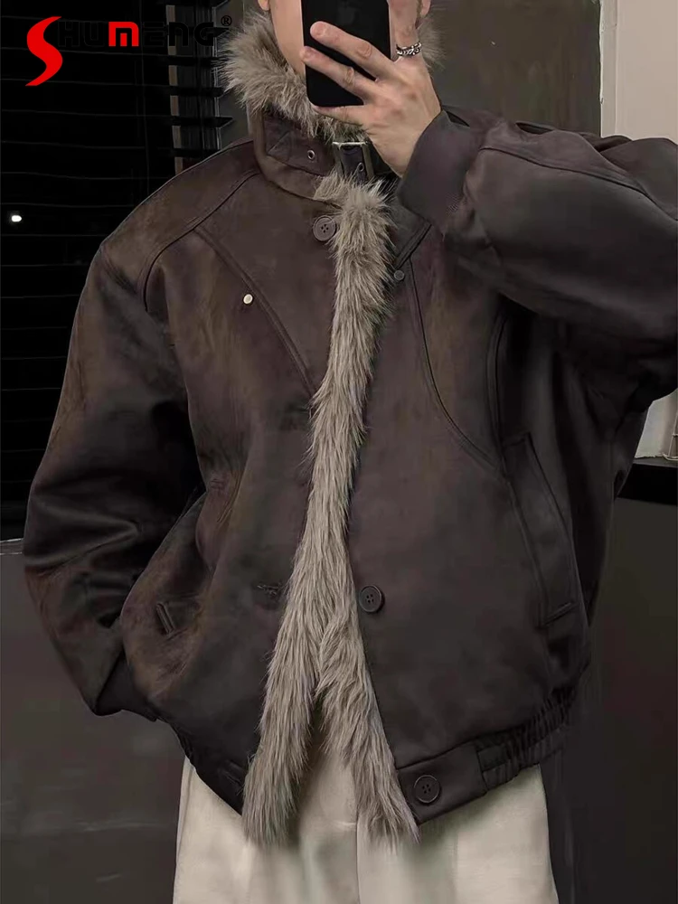 

Fashion Fur Integrated Jackets Men 2025 Winter New Trendy Thickened Lamb Wool Parkas Coats Stylish High-End Long Sleeve Jackets