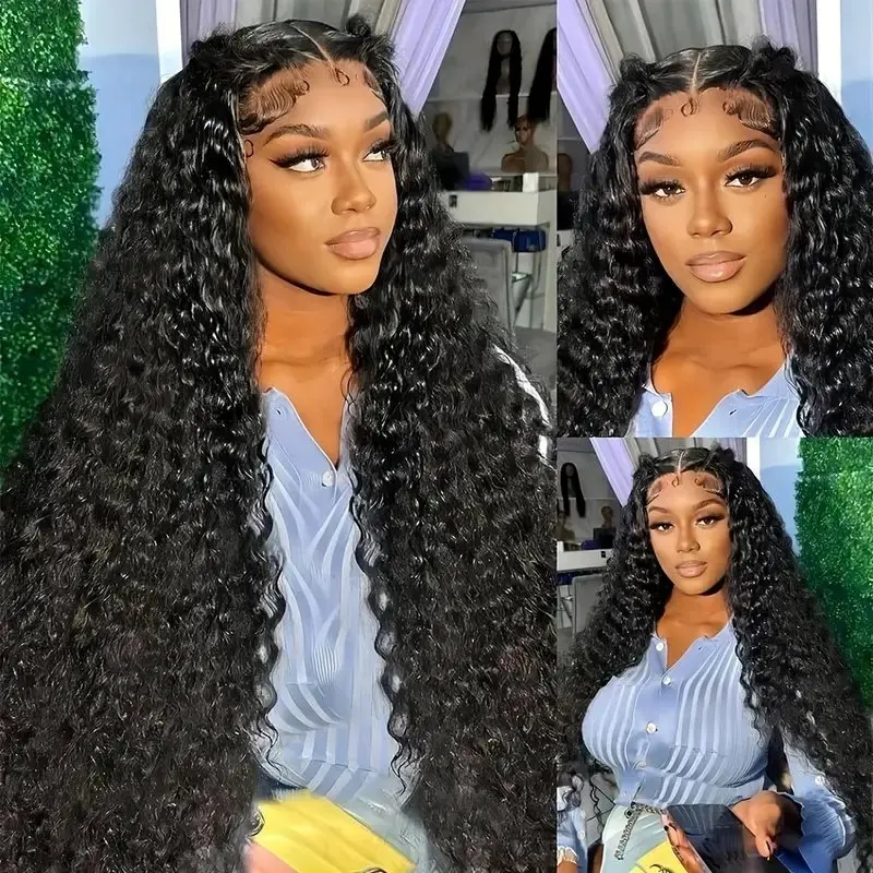 Natural Black 13x6 Lace Front 32 Inches 5x5 Glueless 150 Density Curly Deep Wave Frontal Full Wig For Women Human Hair Wigs