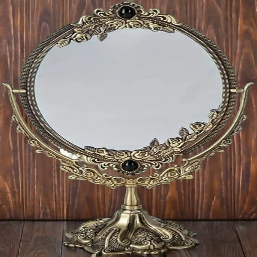 Vintage Chic Bronze Double-Sided Makeup Mirror, High-Quality Alloy Metal Tabletop Vanity with 360-Degree Rotation, Essential Cos