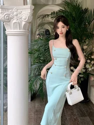 New Spring Autumn Fashion Women Evening Dress Blue Sexy Low Cut Skinny Midi Dresses Party Gown Robe Femme Mujer Vestidos