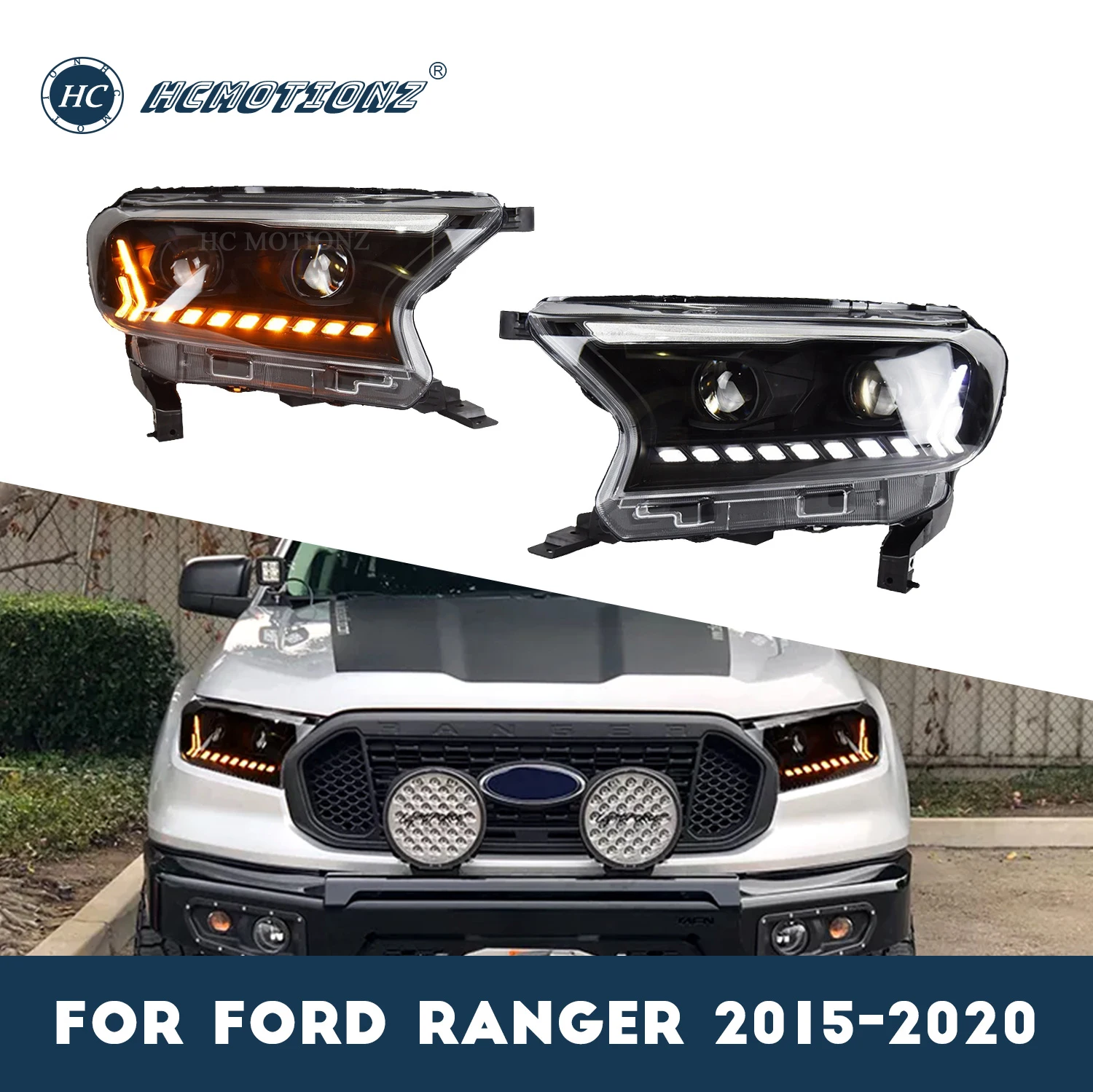 HCMOTIONZ Headlights for Ford Ranger 2015 2016 2017 2018 2019 2020 4X4 Pickup Arquus Trigger VT4 T6 T7 Car Front Lamps Assembly