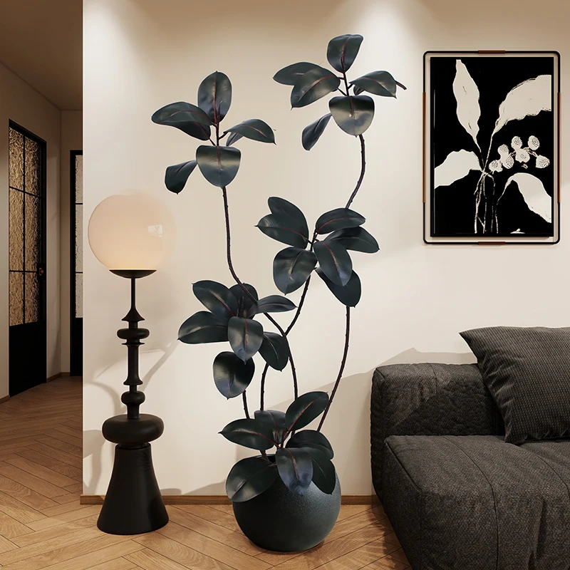 Artificial Green Rubber Tree Fake Plant Black Gold Just High-end Light Luxury Bionic Pot Floor Living Room Large Bonsai