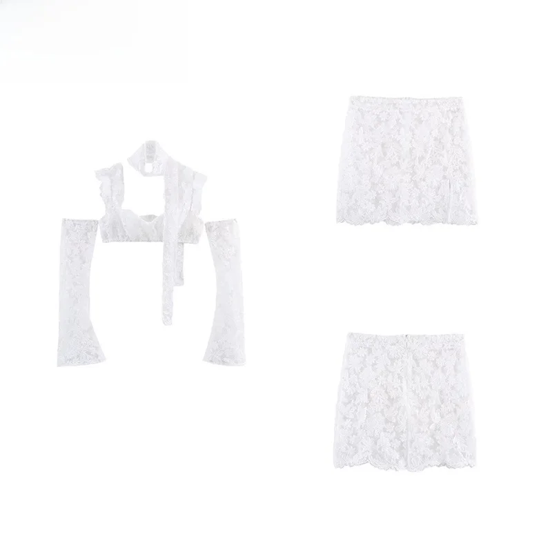 

ZBZR Spring New Sexy Lace Flower 3D f Skirt Set with Open Split Strap Top Polyester Fiber Long Sve V-Ne Faionable W...