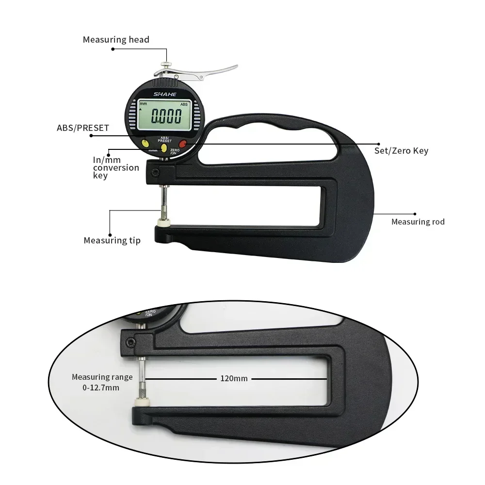 SHAHE 0.001mm 10mm Digital Thickness Gauge Paper / Leather / Rubber / Fabric / Sheet Metal / Glass Digital Thickness Gauge