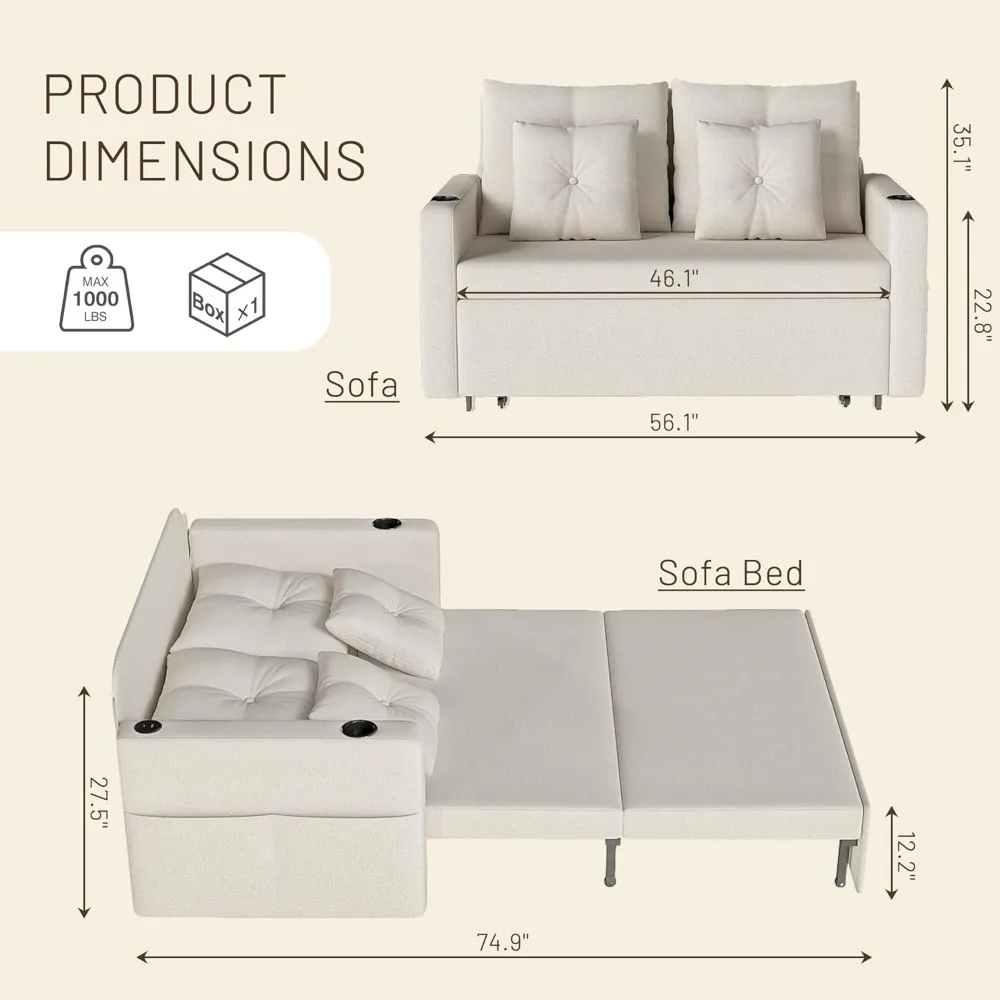 أريكة سرير 3 في 1 متعددة الوظائف، 56 مقعدًا مع حاملات أكواب، وحدة تخزين، ومنفذ USB، مثالية لغرف المعيشة والمساحات الصغيرة