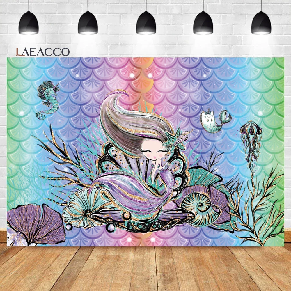 

Laeacco Mermaid Birthday Backdrop Under The Sea Glitter Color Scales Shell Girls Baby Portrait Customized Photography Background