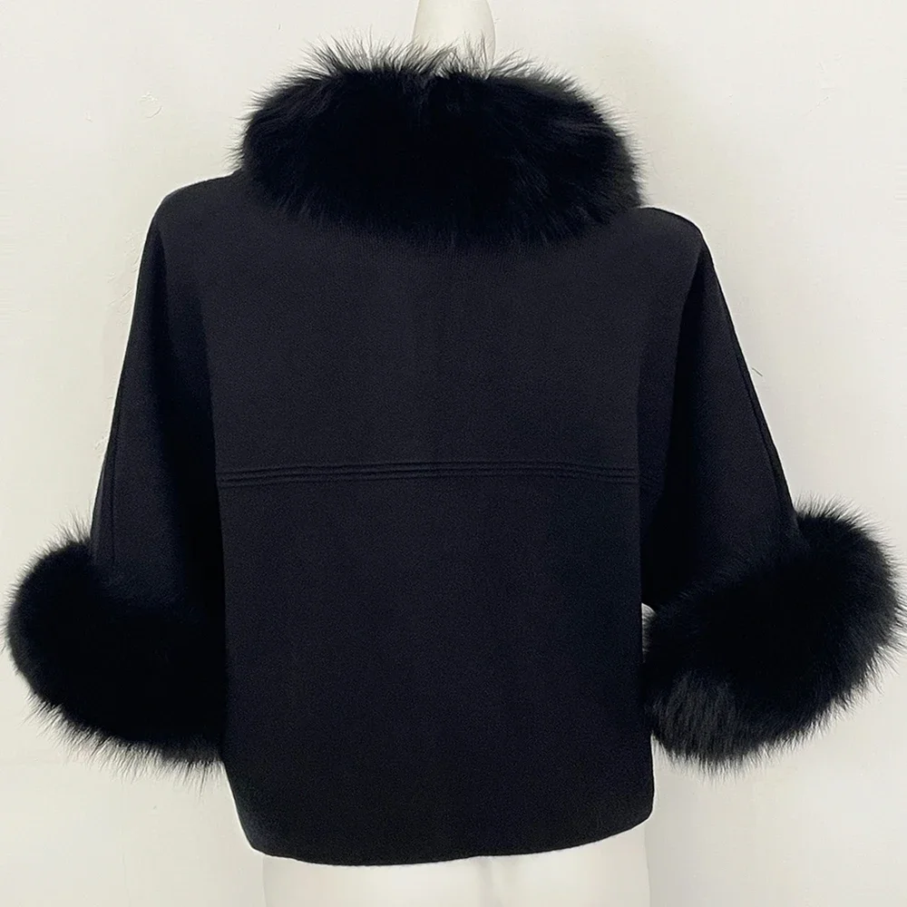 OFTBUY Herbst-Oberbekleidung für Damen, Kurze Batwing-Strickjacke mit Echtfuchs-Pelzkragen und -Manschetten, Kurzer Strickmantel für Damen – Detail 13