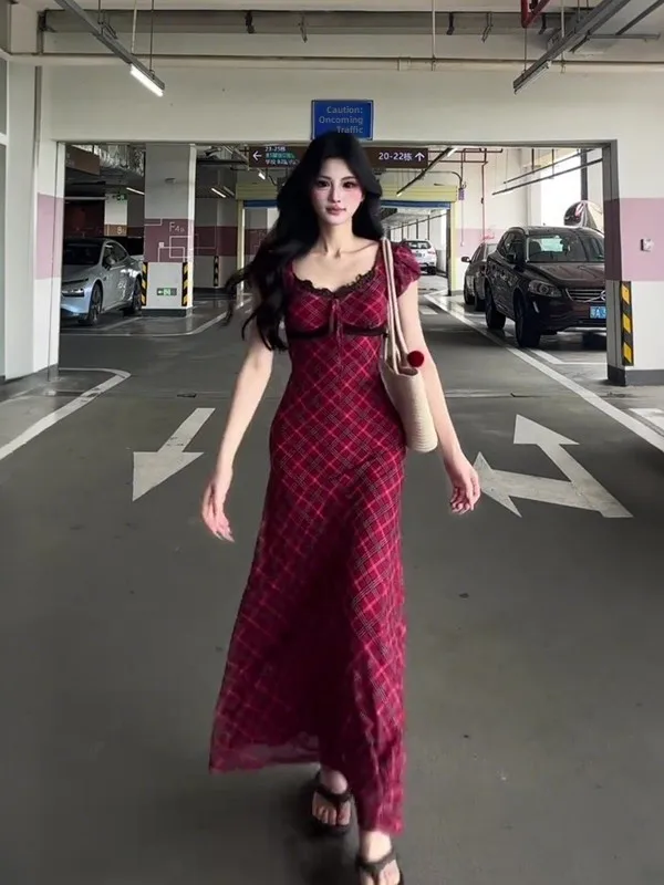 Rétro dentelle garniture bulle Sve Dr Plaid et dentelle épissage été nouvelle taille cintrée longue Dr taille haute trajet Sle