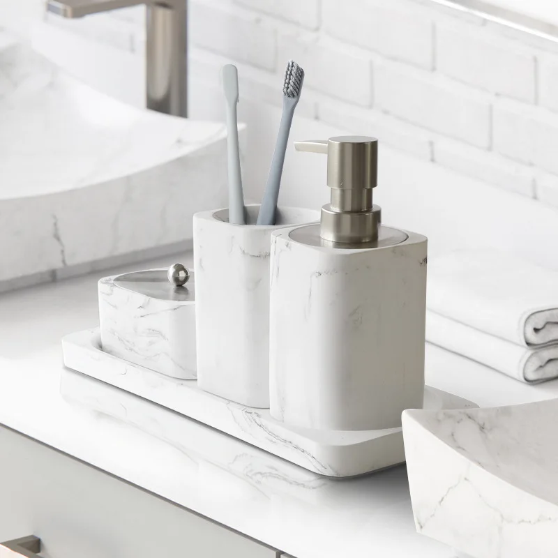 Bathroom Accessories Set Soap Dispenser Cotton Jar Mouthwash Cup Imitation marble TumblerToothbrush Holder and Tray Marble White