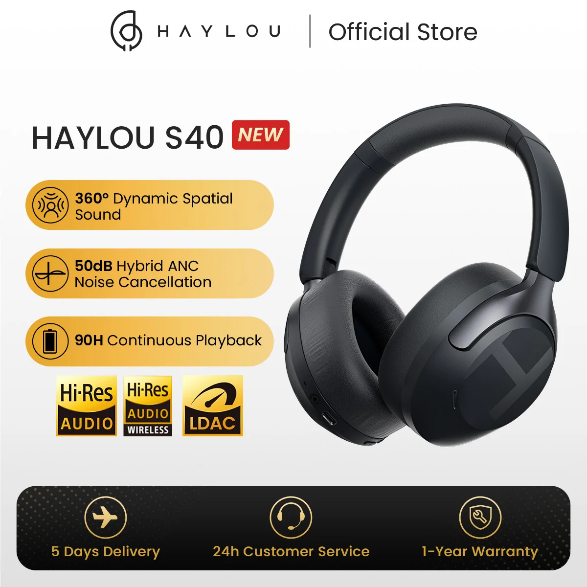 HAYLOU S40 ANC Wireless Headphone 50dB Noise Canceling Hi-Res 3D Spatial Audio Earphone with LDAC Bluetooth 6.0 Over Ear Headset