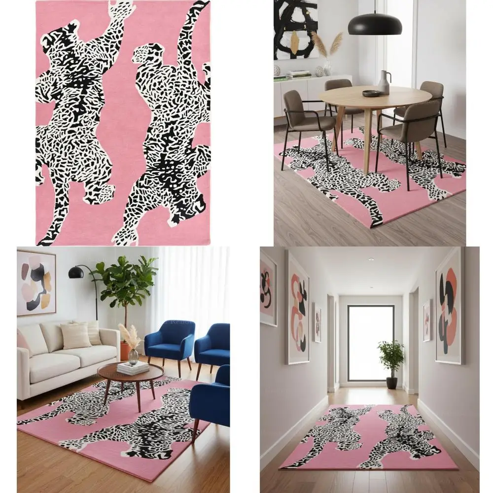 

Contemporary Woolen Rug with Jaguar Design for Living Spaces, Bedrooms, and Dining Areas - Pink, 4x6
