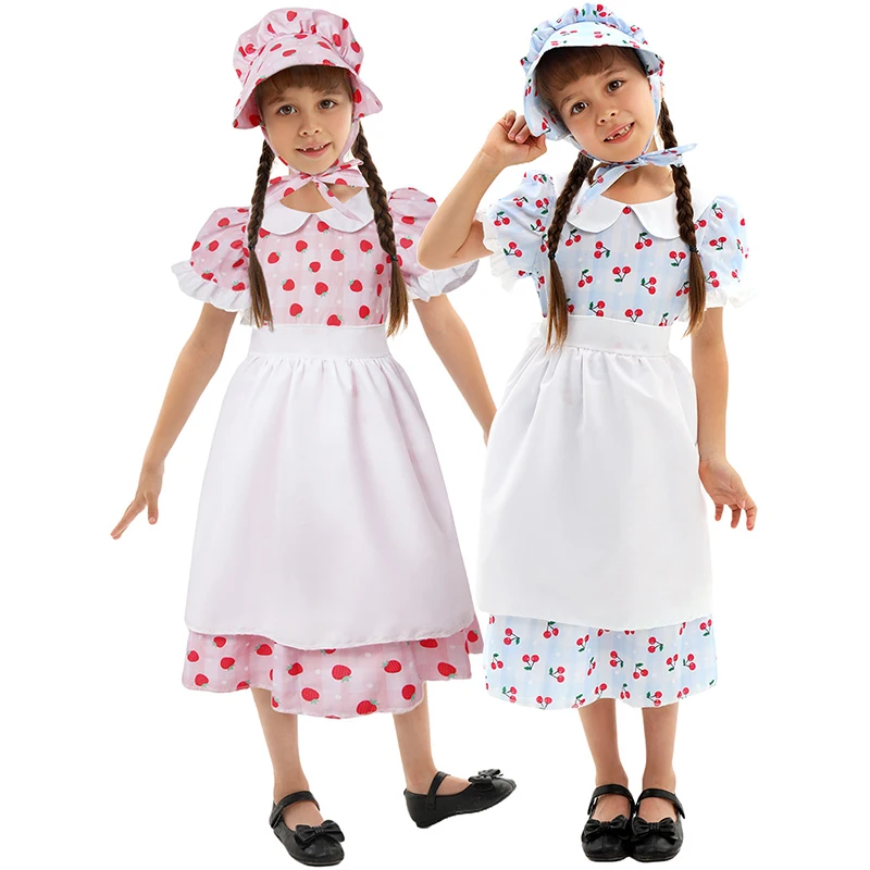 

Strawberry Cherry Printed Enfant Colonial Prairie Dress Carnival Fancy Dress Up America Pioneer Costume For Enfants