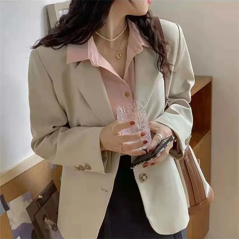 Korean Ladies Solid Color Small Suit Jacket Female Loose Short Blazer Outwear Spring Autumn Women Fashion Long Sleeved Tops Coat