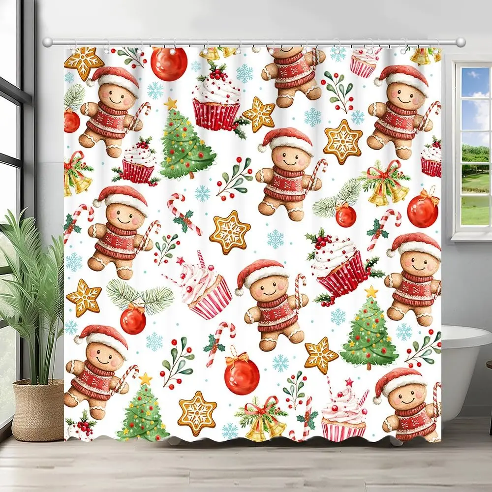 Gingerbread Shower Curtain Christmas Cookies Candy Gingerbread Man Home Bathroom Decorations Santa Xmas Trees Bathtub Curtain