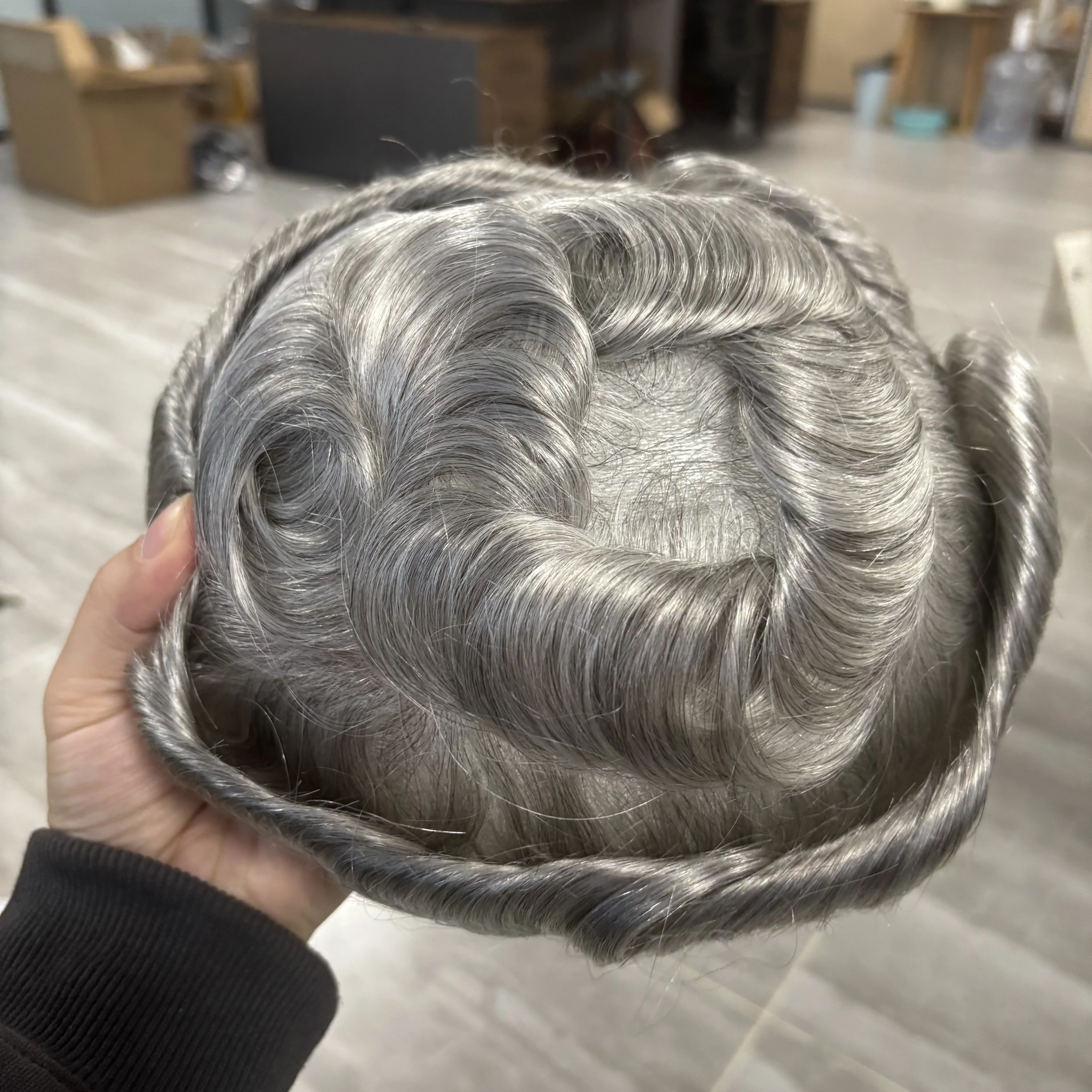 마이크로 슈퍼 씬 0.02mm 스킨 베이스 # 1B65번 # 420 브라운 회색 머리 남성 부분 가발 100% 인모 모발 보철 헤어피스