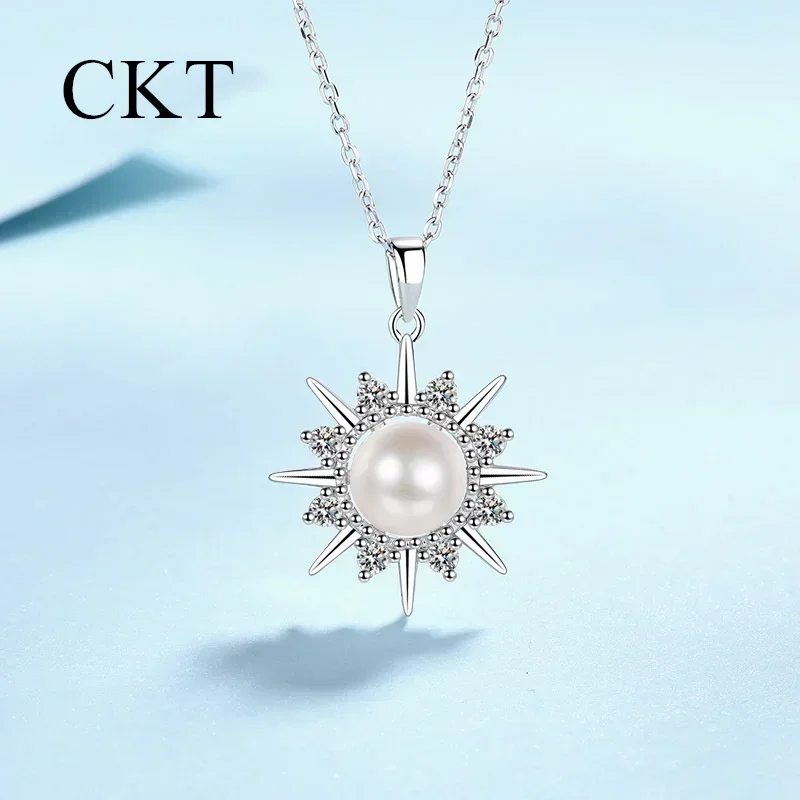 18K White Gold Necklace for Women Moissanite Freshwater Pendant Sunflower Collarbone Chain Luxury Platinum Pt950 Fine Jewelry