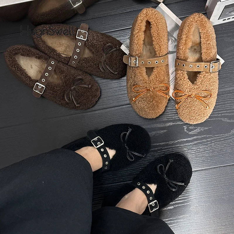 Luxury Buckle Strap Lambswool Ballet Flats Woman Brand Design Round Toe Bowknot Fur Mary Jane Shoes Ladies Fluffy Plush Loafers