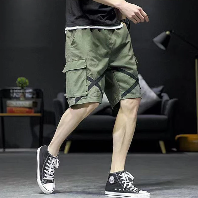 Fashion Loose Elastic Waist Spliced Pockets Bandage Cargo Shorts Men\'s 2024 Summer New Oversized All-match Casual Shorts