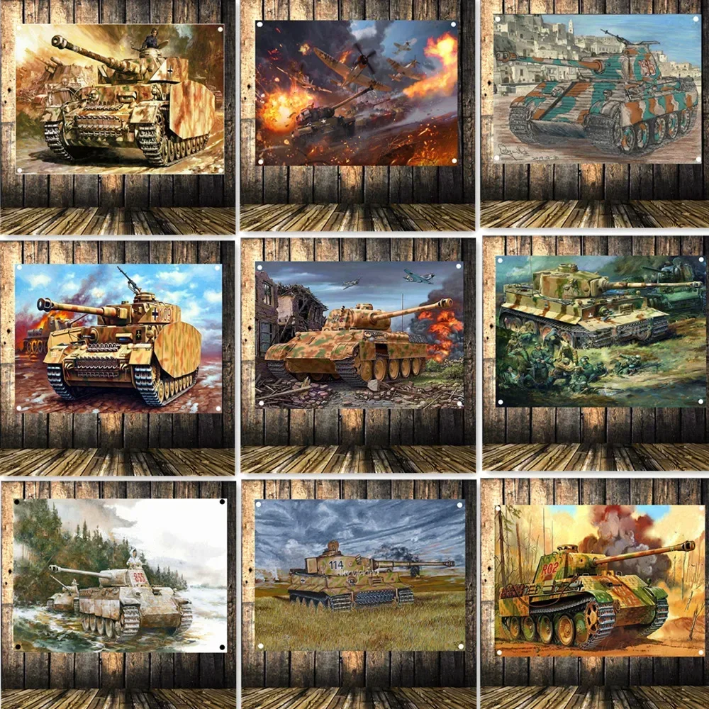 WW II   Ti Tank Posters Wall Fanging Flags Military Armor Weapon War Art Banners Wall Painting Home Decor Sticker