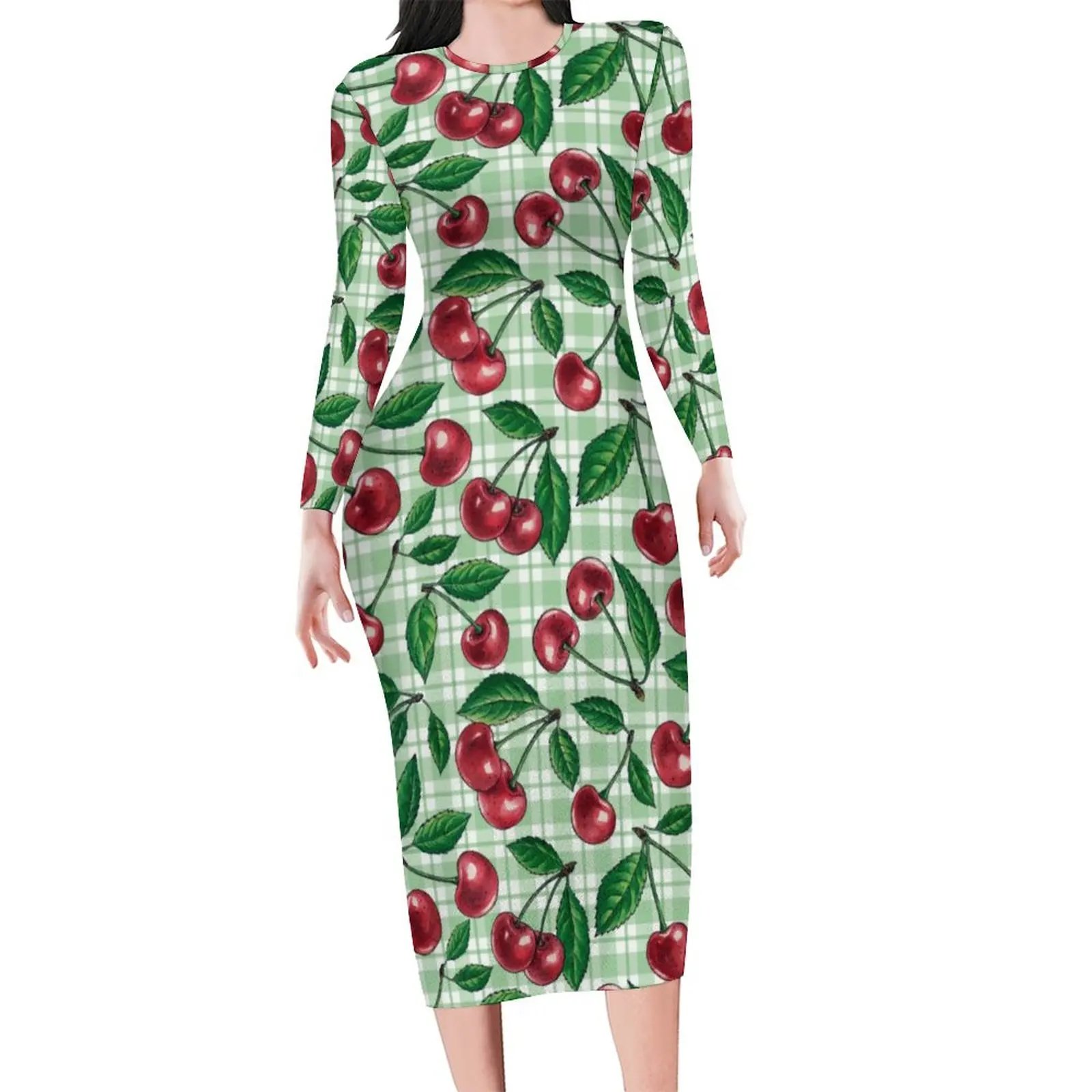 

Red Cherry Bodycon Dress Summer Green Plaid Print Kawaii Dresses Female Long Sleeve Printed Street Style Dress 3XL 4XL 5XL