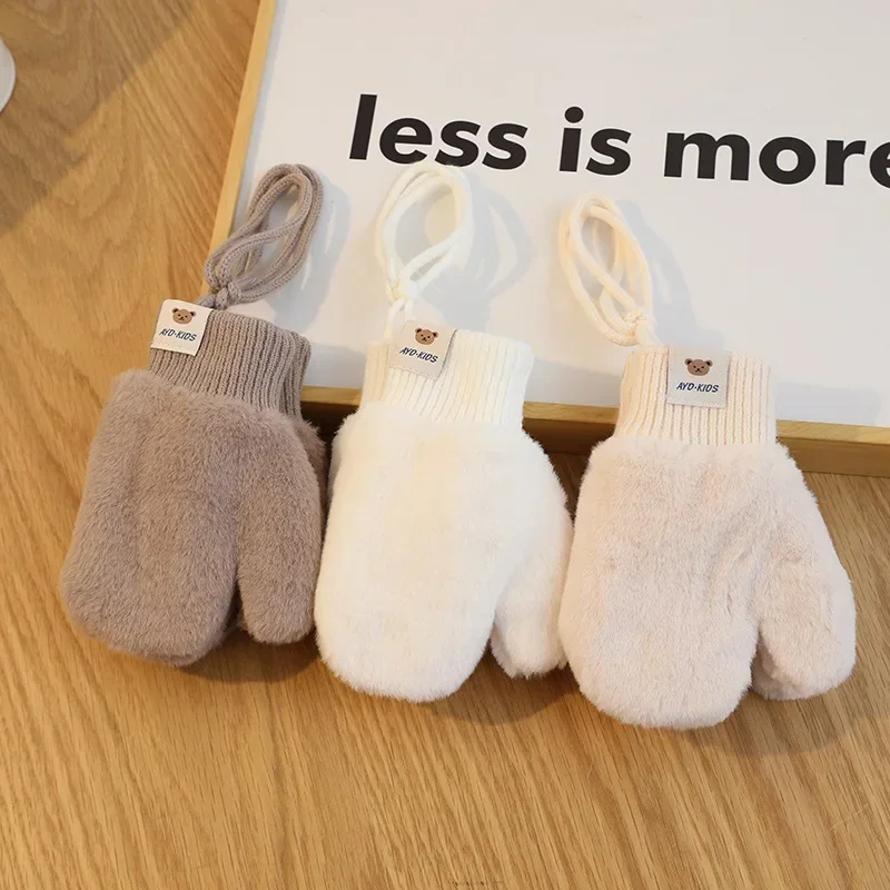 1 Pair Outdoor Autumn Winter Plush Baby Glove Warm Kids Glove Korean Fashion Simplicity Solid Color Mittens for Toddler Boy Girl