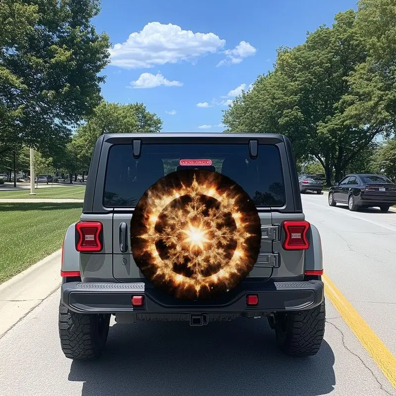 

Стильный чехол для запасного колеса с дизайном золотого мандалы, совместимый с несколькими моделями транспортных средств, изготовленный из полиэфирного волокна, выставочный