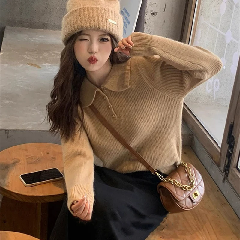2026 Chic Turn Down Collar Knitted Sweaters Women Button Up Solid Color Sweater Pullovers Woman Korean Long Sleeve Jumpers Mujer