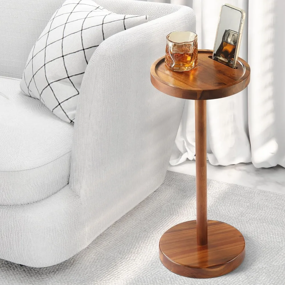 

Pedestal Side Table, Acacia Drink Table with Weighted Base, Small Round Side Table for Small Spaces with Phone Holder, Martini &