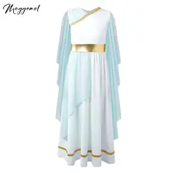 Kids Girls Ancient Greek Princess Toga Goddesses Costume Party Grecian Sleeveless Gown Dress Shawls Patchwork Flowy Tulle Dress