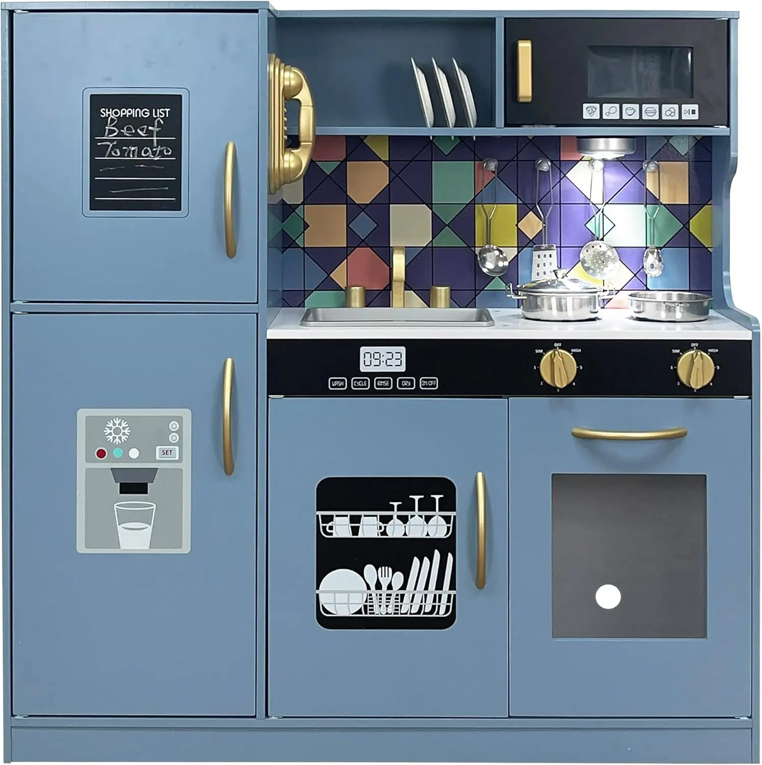 Drewniany zestaw zabawek kuchennych do zabawy ze światłem, zabawka do udawania zestaw kuchenny dla dzieci, zlew i zabawka z kuchenką mikrofalową, maluch Coo